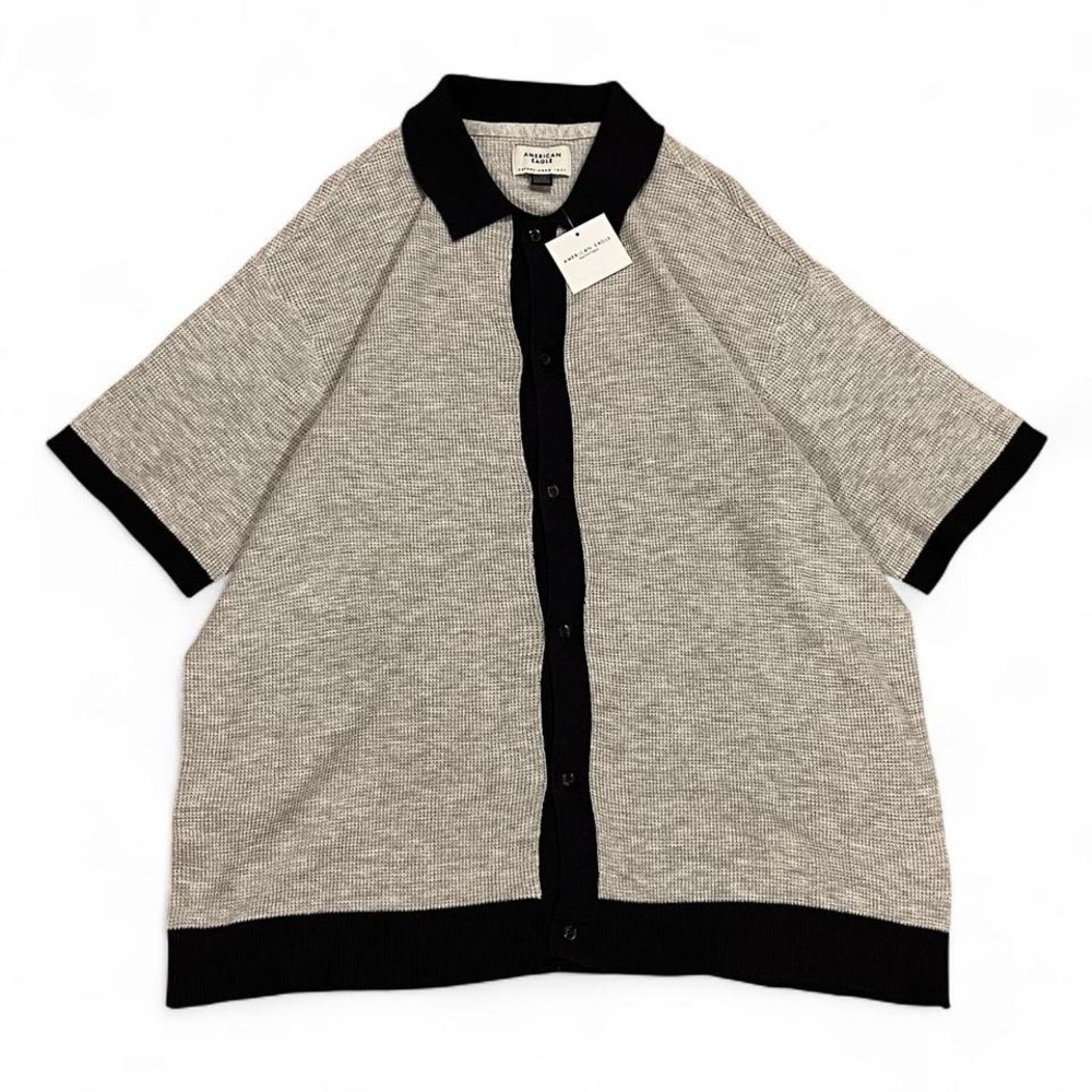 American Eagle NWT Textured Knit Polo Cardigan Gray/Navy Blue Size XL